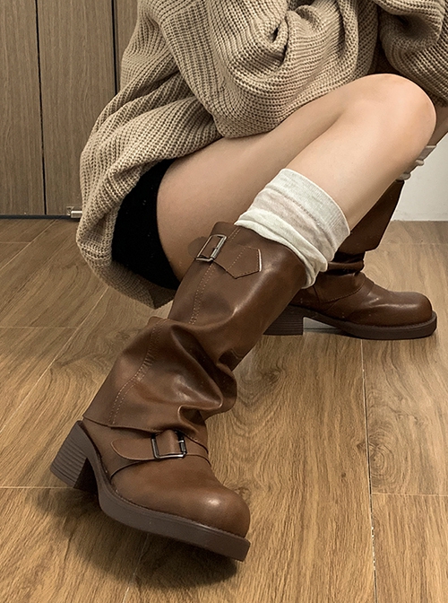 Vintage French Chunky Heel Brown Round Toe British Style Cool Steampunk Cowboy Stacked Pleated Boots