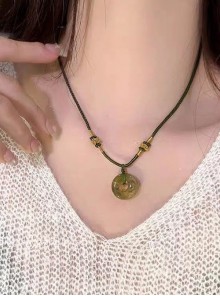 Chinese Retro Ethnic Style Olive Green Resin Agate Peace Buckle Agate Beaded Kawaii Fashion Necklace