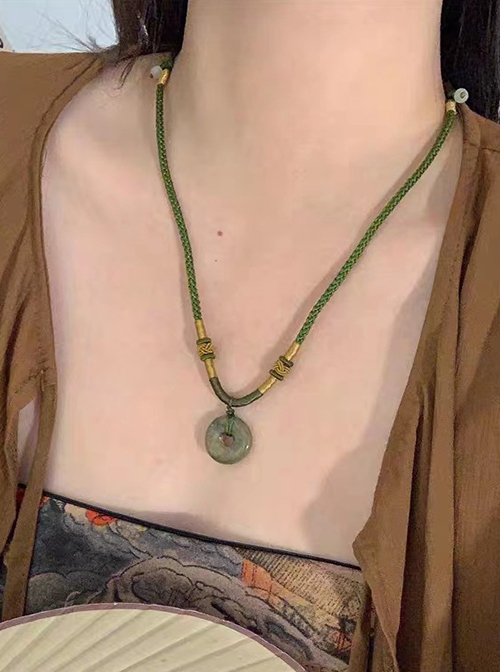 Chinese Retro Ethnic Style Olive Green Resin Agate Peace Buckle Agate Beaded Kawaii Fashion Necklace