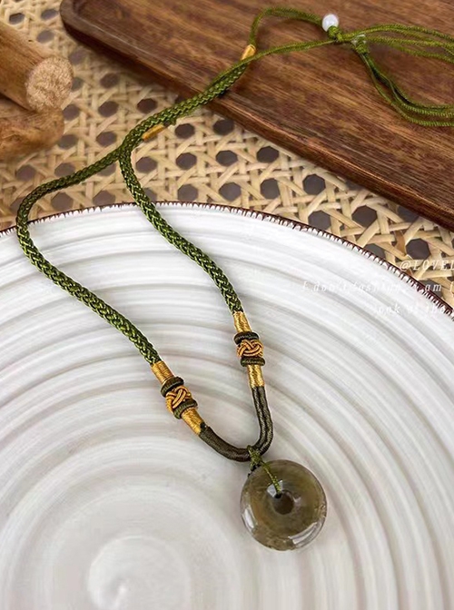 Chinese Retro Ethnic Style Olive Green Resin Agate Peace Buckle Agate Beaded Kawaii Fashion Necklace