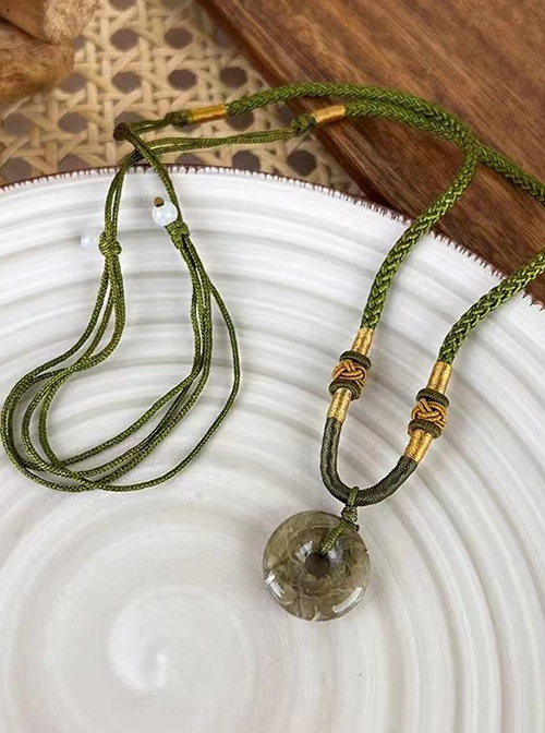 Chinese Retro Ethnic Style Olive Green Resin Agate Peace Buckle Agate Beaded Kawaii Fashion Necklace