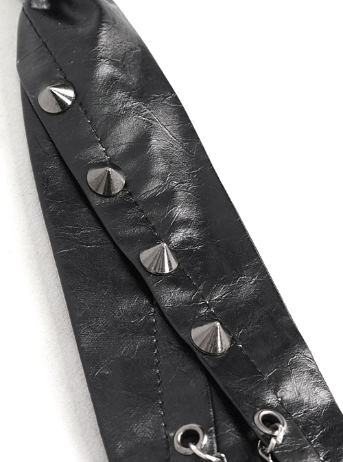 Punk Style Asymmetric Metal Rivet Decorated Front Center Slit Black Leather Tie