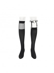 Gothic Style Sexy Mesh Asymmetric Metal Heart Rivet Decoration Black Elastic Calf Socks