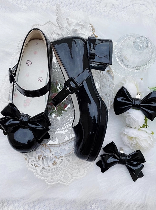 Old Island Pledge Series Versatile British Style Bowknot Shoe Clip Round Toe High Chunky Heel Classic Lolita Shoes