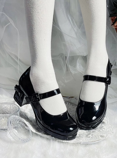 Old Island Pledge Series Versatile British Style Bowknot Shoe Clip Round Toe High Chunky Heel Classic Lolita Shoes