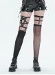 Gothic Style Sexy Asymmetric Mesh Adjustable PU Leather Metal Rivet Black Stretch Stockings