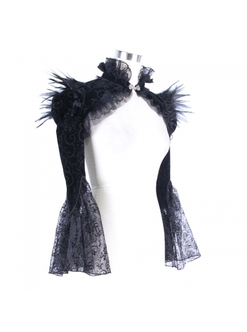 Gothic Style Exquisite Embossed Velvet With Flocking Trumpet Sleeves Shoulder Feather Decoration Black Retro Long Sleeved Cape