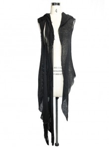 Punk Style Wild Asymmetric Wool Patchwork Ripped Knitted Black Naturally Drooping Sleeveless Hooded Shawl