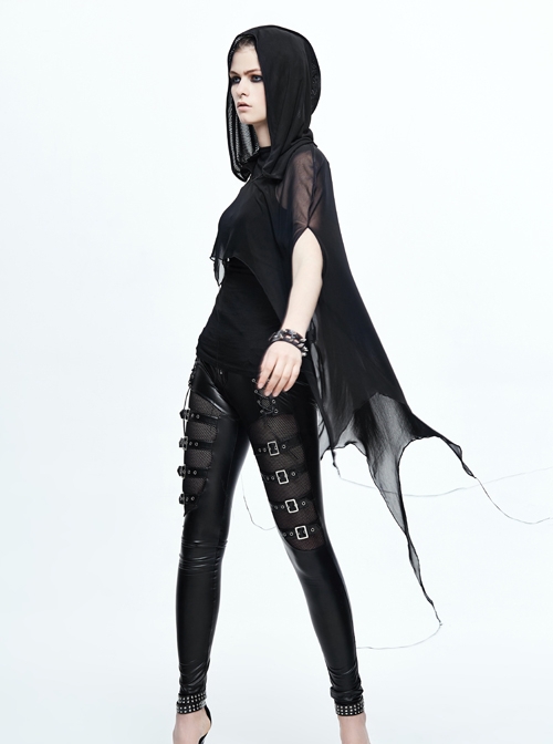 Punk Style Simple Slightly Transparent Spandex Mesh Black Wave Bat Wing Hooded Cape