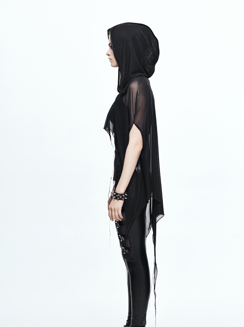 Punk Style Simple Slightly Transparent Spandex Mesh Black Wave Bat Wing Hooded Cape