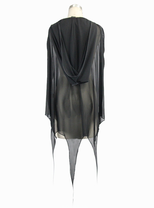 Punk Style Simple Slightly Transparent Spandex Mesh Black Wave Bat Wing Hooded Cape