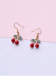 Cartoon Shape Pastoral Style Cute Kawaii Sweet Lolita Wine Red Cherry Ear Hook Earrings