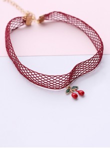 Cute Simple Versatile Kawaii 3D Cherry Pendant Lace Mesh Accessory Sweet Lolita Necklace