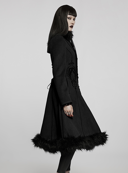 Gothic Style Exquisite Embroidered Appliques Collar And Lower Plush Decoration Black Long Sleeves Slim Wool Coat