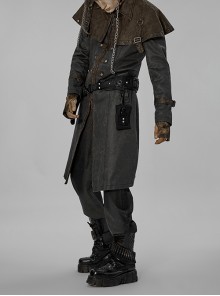 Punk Style Handsome Non Detachable Old Effect Cape Metal Rivet Buckle Fake Two Piece Gray Long Sleeves Coat
