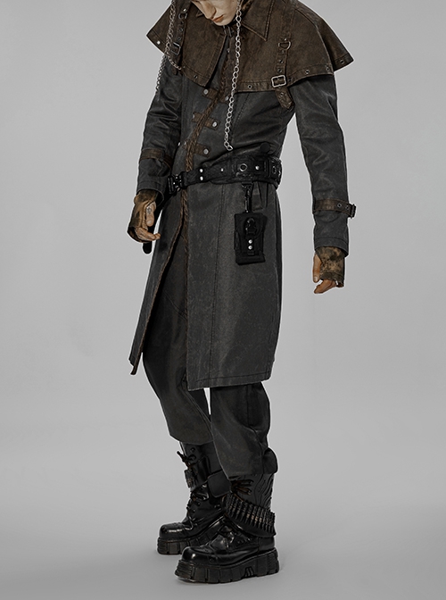 Punk Style Handsome Non Detachable Old Effect Cape Metal Rivet Buckle Fake Two Piece Gray Long Sleeves Coat