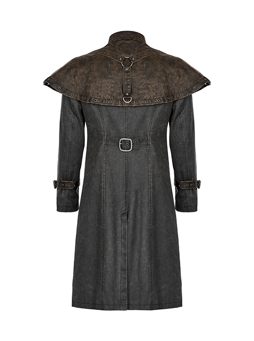 Punk Style Handsome Non Detachable Old Effect Cape Metal Rivet Buckle Fake Two Piece Gray Long Sleeves Coat