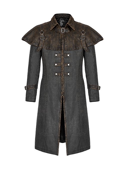 Punk Style Handsome Non Detachable Old Effect Cape Metal Rivet Buckle Fake Two Piece Gray Long Sleeves Coat