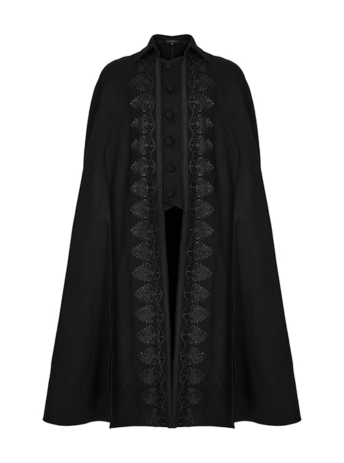 Gothic Style Elegant Stand Collar Gorgeous Embroidery Applique Decoration Placket Black Woolen Long Cloak