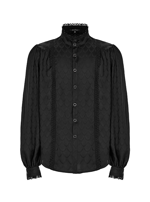 Gothic Style Mysterious Dragon Scale Dark Pattern Exquisite Lace Embellish Black Lantern Sleeves Loose Shirt