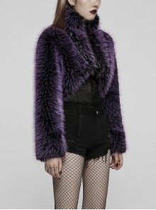 Punk Style Stand Collar Cool Plastic Chain Decoration Plush Fabric Unique Black Purple Long Sleeves Jacket