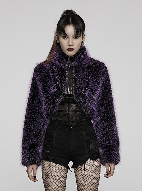 Punk Style Stand Collar Cool Plastic Chain Decoration Plush Fabric Unique Black Purple Long Sleeves Jacket