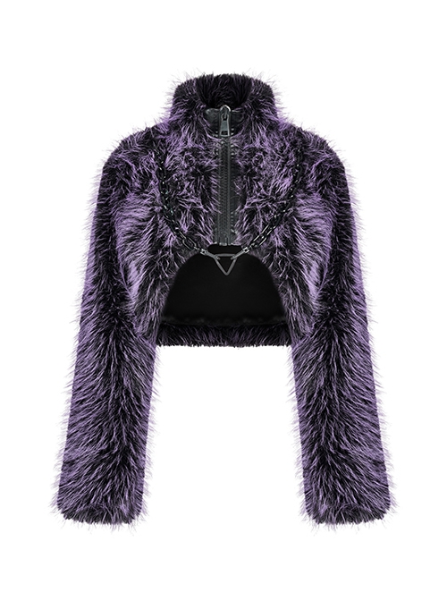 Punk Style Stand Collar Cool Plastic Chain Decoration Plush Fabric Unique Black Purple Long Sleeves Jacket