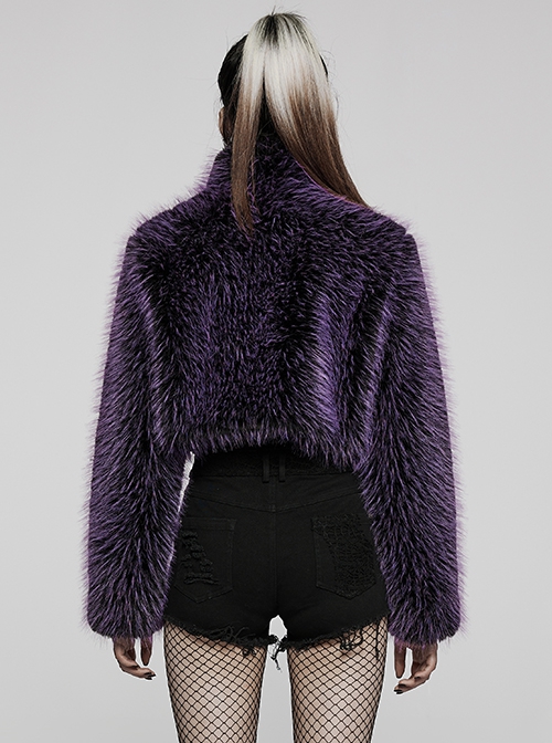 Punk Style Stand Collar Cool Plastic Chain Decoration Plush Fabric Unique Black Purple Long Sleeves Jacket