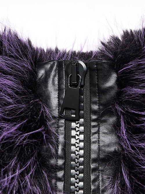 Punk Style Stand Collar Cool Plastic Chain Decoration Plush Fabric Unique Black Purple Long Sleeves Jacket