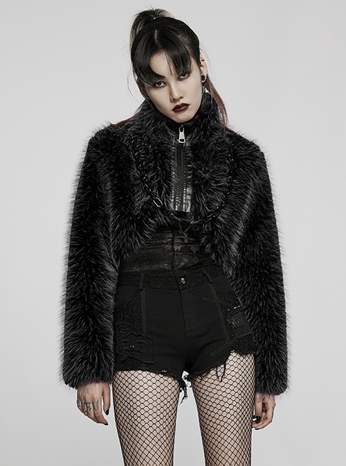 Punk Style Unique Stand Collar Loose Lazy Warm Plush Texture Detachable Chain Black Long Sleeves Short Jacket