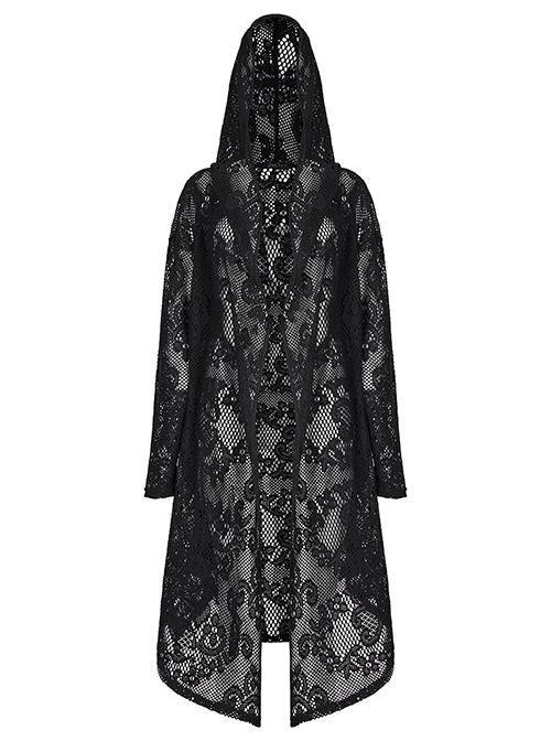 Gothic Style Personality Lace Mesh Slightly Transparent Witch Feeling Black Long Sleeves Hooded Loose Coat