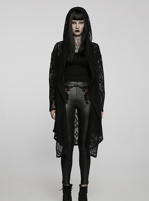 Gothic Style Personality Lace Mesh Slightly Transparent Witch Feeling Black Long Sleeves Hooded Loose Coat