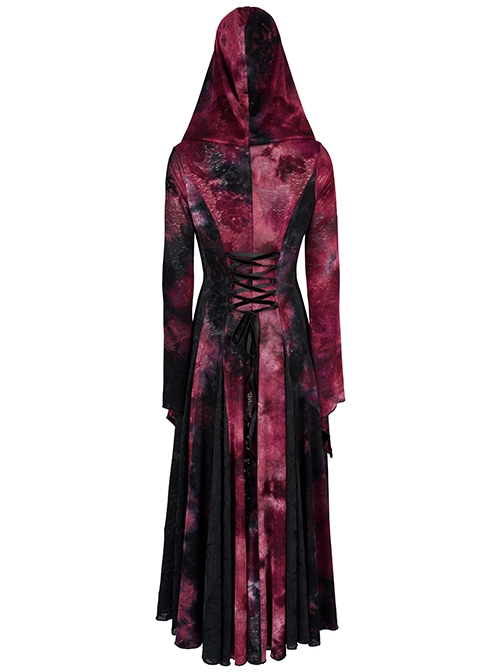 Gothic Style Exquisite Carved Metal Buckle Lace Embellished Cross Strap Unique Black Red Tie Dye Hooded Coat