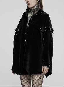 Punk Style Lapel Soft Velvet Buckle Detachable Sleeves Unique Metal Cross Button Black Female Loose Shirt