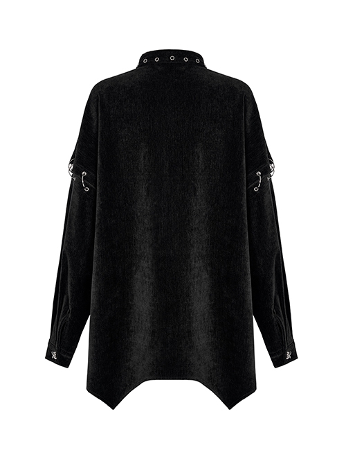 Punk Style Lapel Soft Velvet Buckle Detachable Sleeves Unique Metal Cross Button Black Female Loose Shirt