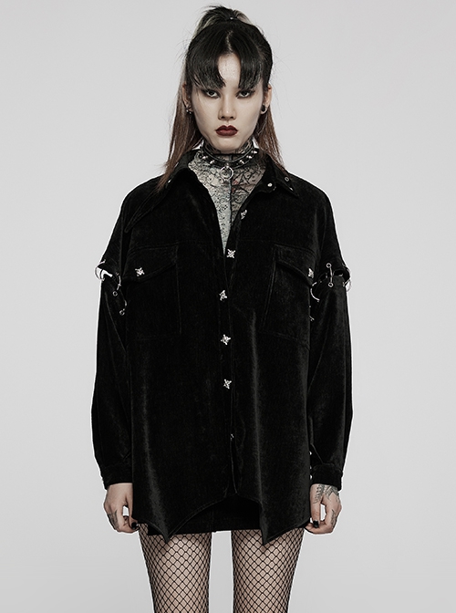 Punk Style Lapel Soft Velvet Buckle Detachable Sleeves Unique Metal Cross Button Black Female Loose Shirt