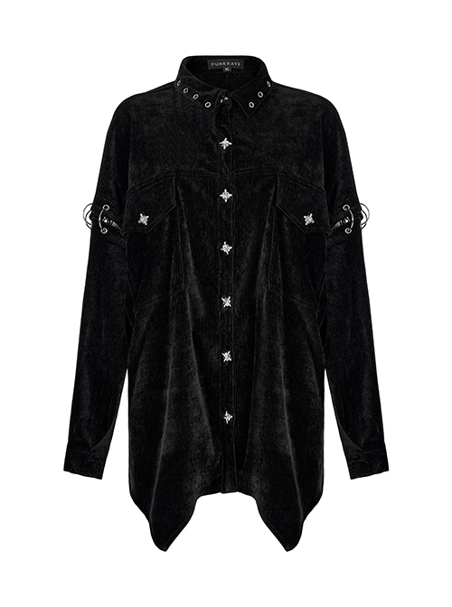 Punk Style Lapel Soft Velvet Buckle Detachable Sleeves Unique Metal Cross Button Black Female Loose Shirt