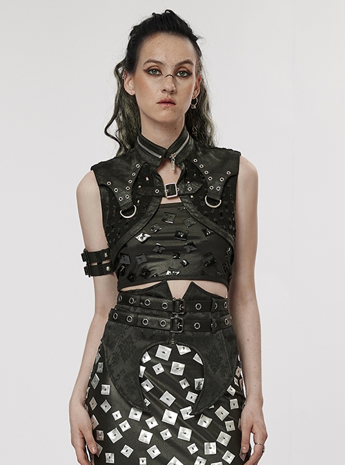 Punk Style Stand Collar Cool Decadent Ripped Twill Fabric Splicing Leather  Black Sleeveless Ultra Short Jacket