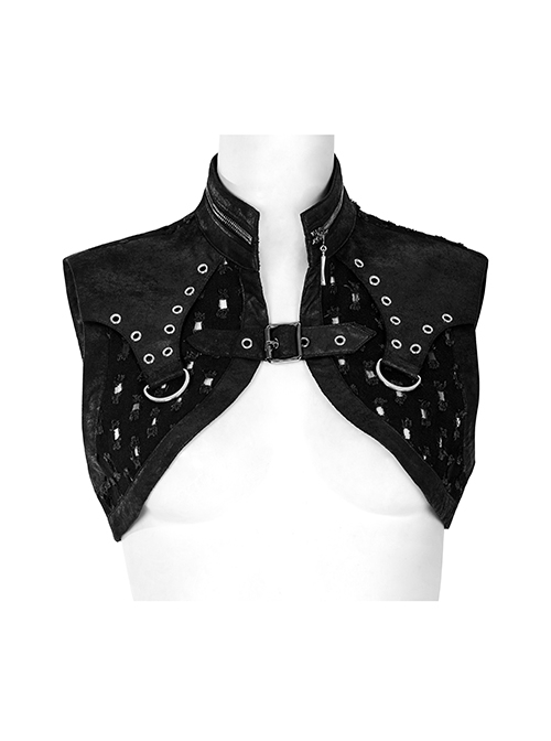 Punk Style Stand Collar Cool Decadent Ripped Twill Fabric Splicing Leather  Black Sleeveless Ultra Short Jacket