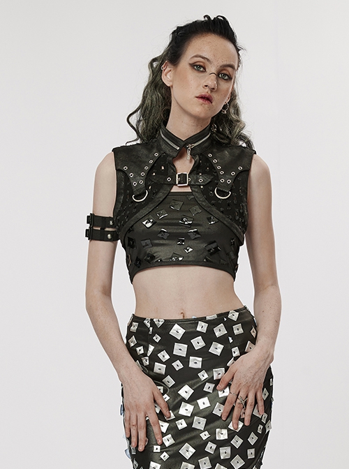 Punk Style Stand Collar Cool Decadent Ripped Twill Fabric Splicing Leather  Black Sleeveless Ultra Short Jacket