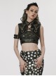 Punk Style Stand Collar Cool Decadent Ripped Twill Fabric Splicing Leather  Black Sleeveless Ultra Short Jacket