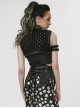 Punk Style Stand Collar Cool Decadent Ripped Twill Fabric Splicing Leather  Black Sleeveless Ultra Short Jacket