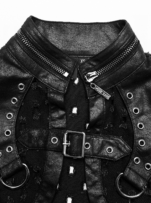 Punk Style Stand Collar Cool Decadent Ripped Twill Fabric Splicing Leather  Black Sleeveless Ultra Short Jacket