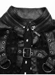 Punk Style Stand Collar Cool Decadent Ripped Twill Fabric Splicing Leather  Black Sleeveless Ultra Short Jacket