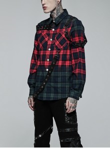 Punk Style Classic Lapel Cool Casual Leather Ring Decoration Metal Button Red Blue Plaid Long Sleeves Shirt