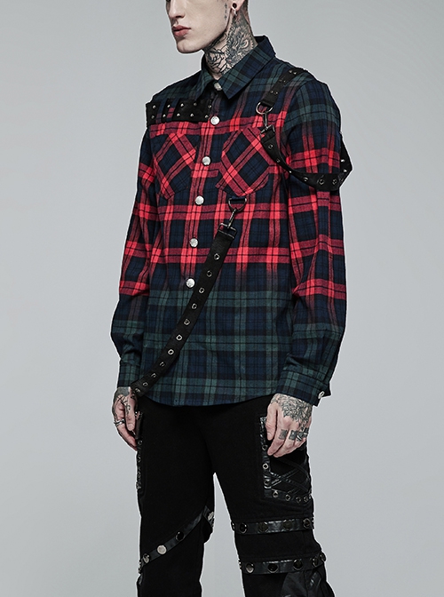 Punk Style Classic Lapel Cool Casual Leather Ring Decoration Metal Button Red Blue Plaid Long Sleeves Shirt