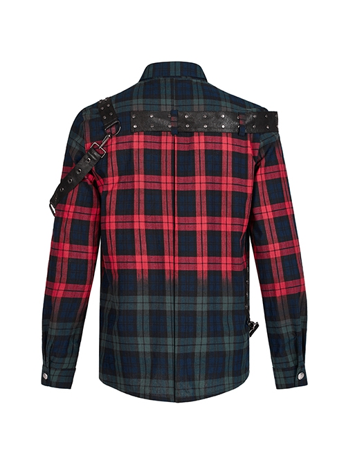 Punk Style Classic Lapel Cool Casual Leather Ring Decoration Metal Button Red Blue Plaid Long Sleeves Shirt