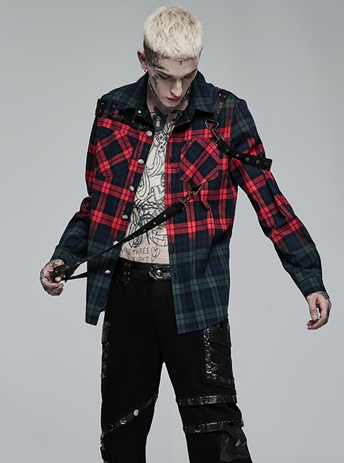 Punk Style Classic Lapel Cool Casual Leather Ring Decoration Metal Button Red Blue Plaid Long Sleeves Shirt