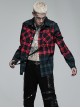 Punk Style Classic Lapel Cool Casual Leather Ring Decoration Metal Button Red Blue Plaid Long Sleeves Shirt