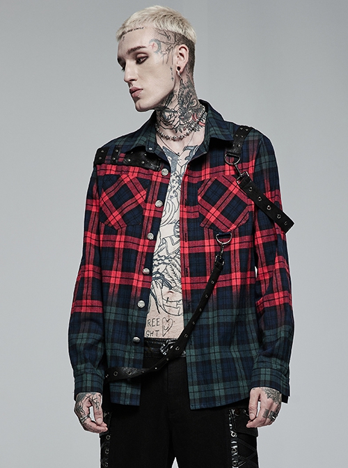 Punk Style Classic Lapel Cool Casual Leather Ring Decoration Metal Button Red Blue Plaid Long Sleeves Shirt